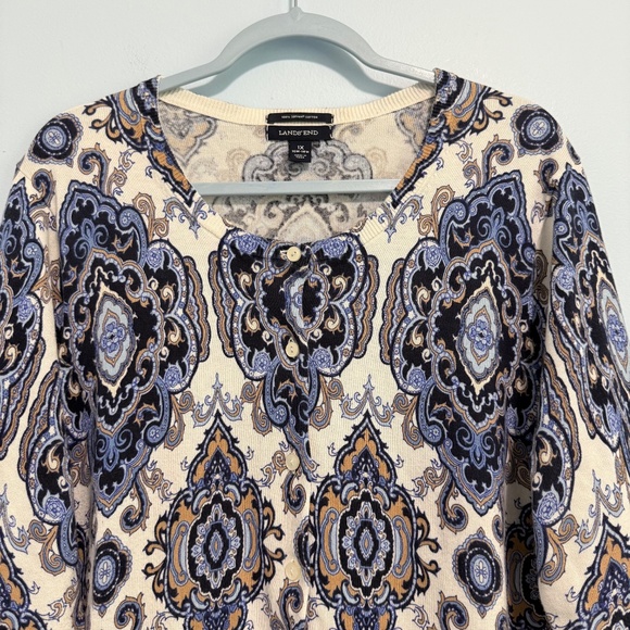 Lands’End Women’s Plus Supima Cotton Paisley Geometric Cardigan Sweater Size 1X - Picture 2 of 7